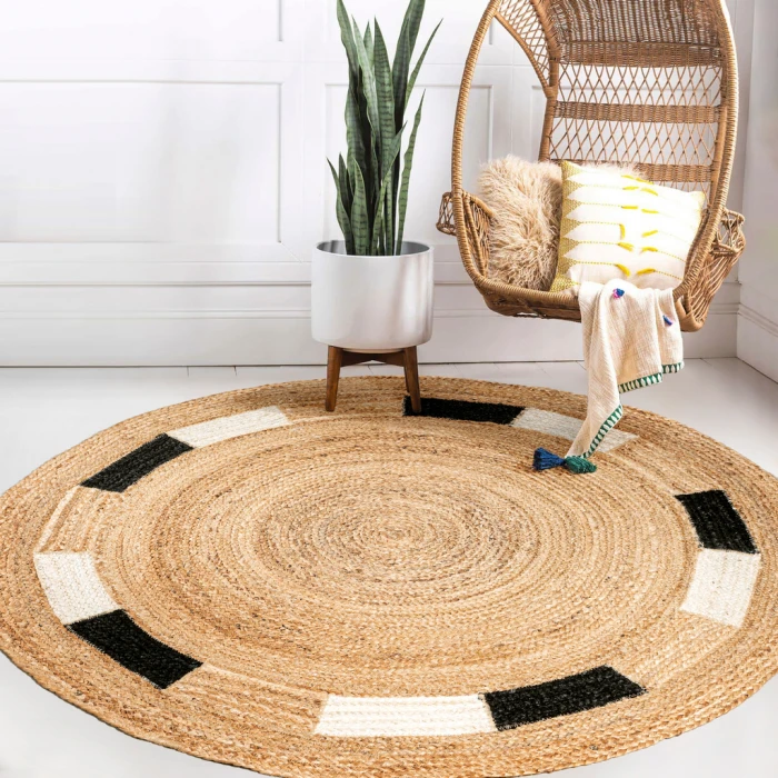 Porto Geometric Jute Circle Natural/Cream/Black 5' Round Area Rug