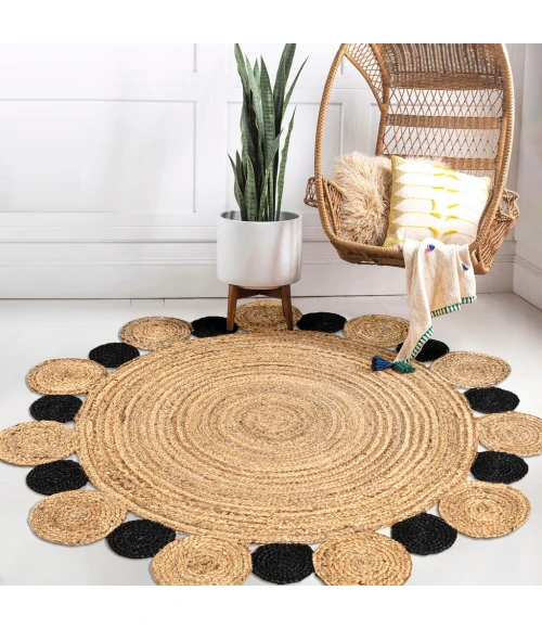 Ayana Two-Tone Jute Hippy Circle Natural/Black 6' Round Area Rug