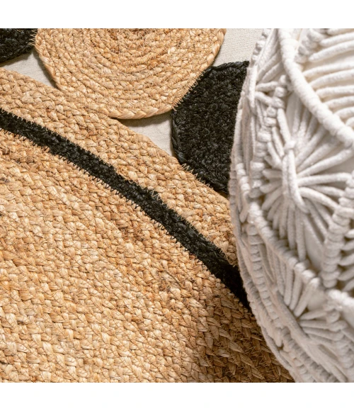 Aurora Two-Tone Jute Hippy Circle Medallion Black/Natural 6' Round Area Rug