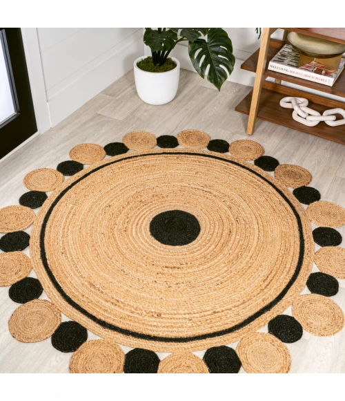 Aurora Two-Tone Jute Hippy Circle Medallion Black/Natural 6' Round Area Rug