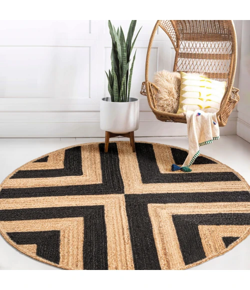 Piper Two-Tone Chevron Round Jute Black/Natural 6' Round Area Rug