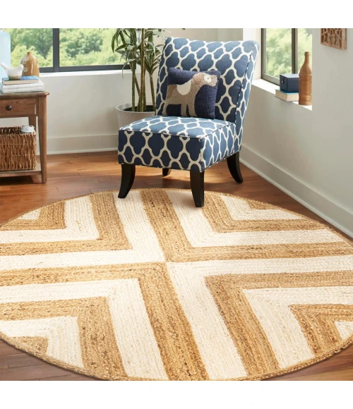 Piper Two-Tone Chevron Round Jute Cream/Natural 6' Round Area Rug