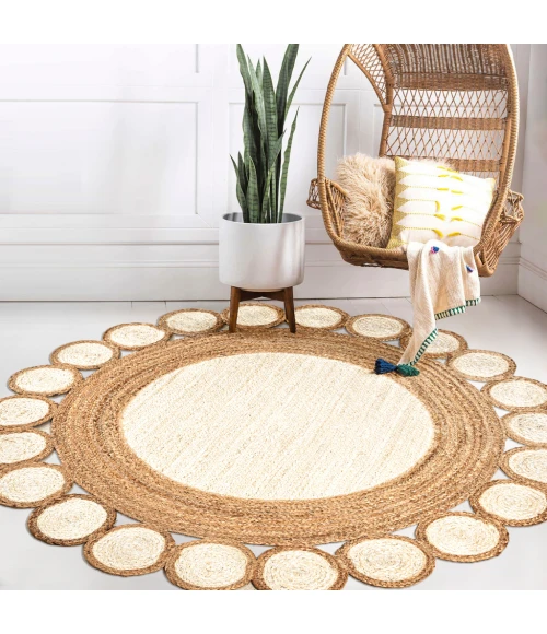 Skye Two-Tone Jute Circle Border Cream/Natural 4' Round Area Rug