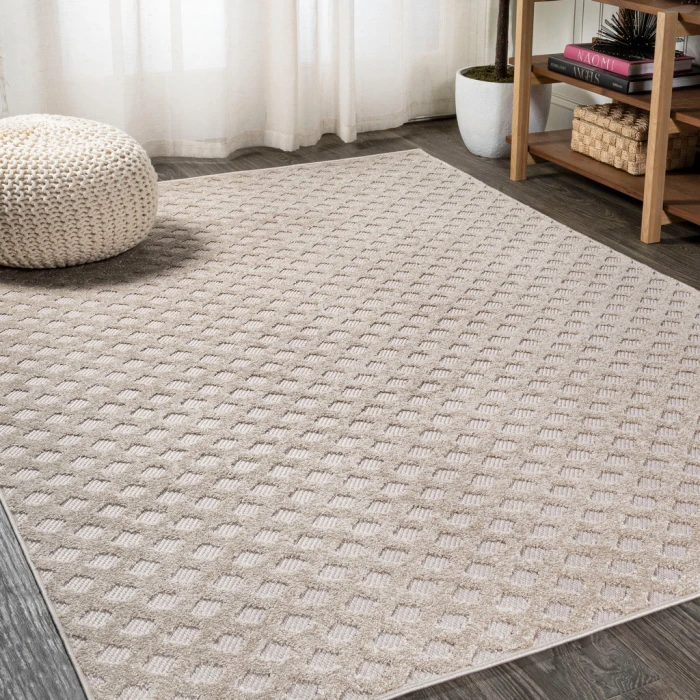 Rabat High-Low Pile Mini-Diamond Trellis Beige 3 ft. x 5 ft. Indoor/Outdoor Area Rug