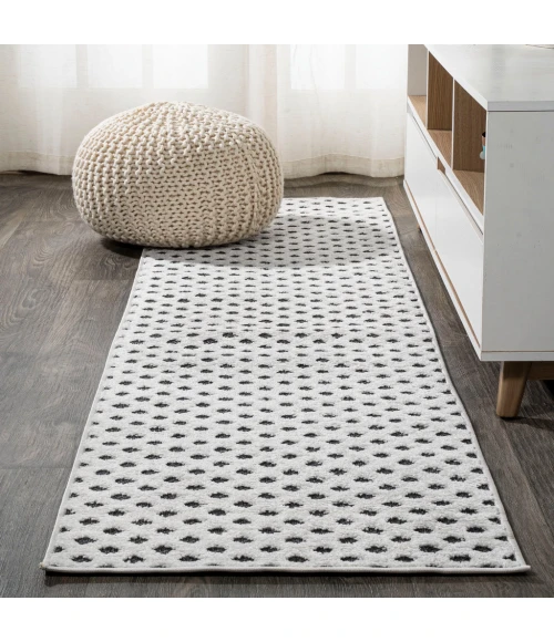Rabat High-Low Pile Mini-Diamond Trellis White/Black 2 ft. x 8 ft. Indoor/Outdoor Runner Rug