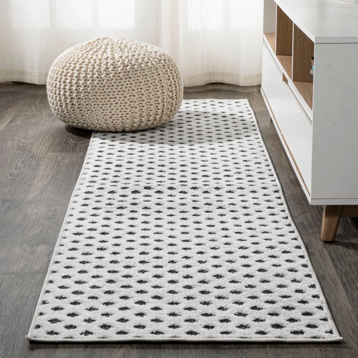 Rabat High-Low Pile Mini-Diamond Trellis White/Black 2 ft. x 8 ft. Indoor/Outdoor Runner Rug