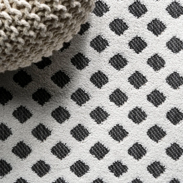 Rabat High-Low Pile Mini-Diamond Trellis White/Black 2 ft. x 8 ft. Indoor/Outdoor Runner Rug
