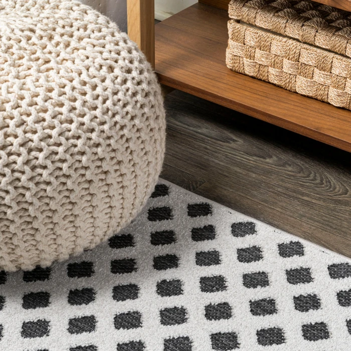Rabat High-Low Pile Mini-Diamond Trellis White/Black 2 ft. x 8 ft. Indoor/Outdoor Runner Rug
