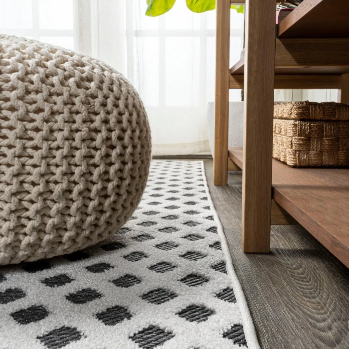 Rabat High-Low Pile Mini-Diamond Trellis White/Black 2 ft. x 8 ft. Indoor/Outdoor Runner Rug