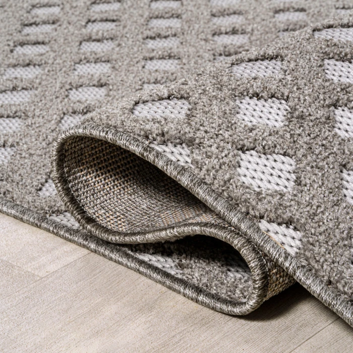 Rabat High-Low Pile Mini-Diamond Trellis Dark Gray/Ivory 2 ft. x 8 ft. Indoor/Outdoor Runner Rug