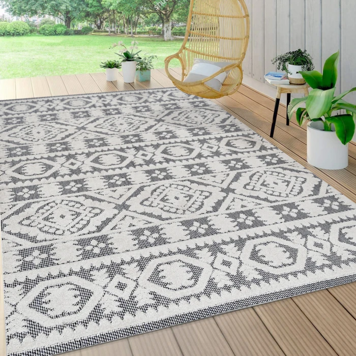 Citta High-Low Pile Mediterranean Tile White/Black 3 ft. x 5 ft. Indoor/Outdoor Area Rug