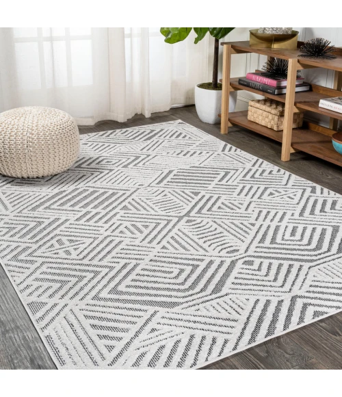 Jordan High-Low Pile Art Deco Geometric White/Black 8 ft. x 10 ft. Indoor/Outdoor Area Rug