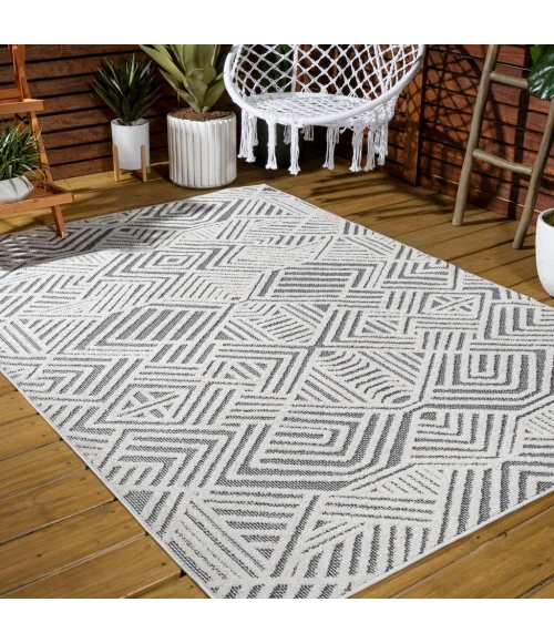 Jordan High-Low Pile Art Deco Geometric White/Black 8 ft. x 10 ft. Indoor/Outdoor Area Rug