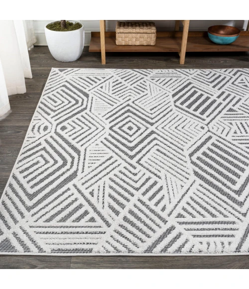 Jordan High-Low Pile Art Deco Geometric White/Black 8 ft. x 10 ft. Indoor/Outdoor Area Rug
