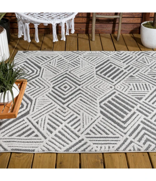 Jordan High-Low Pile Art Deco Geometric White/Black 8 ft. x 10 ft. Indoor/Outdoor Area Rug