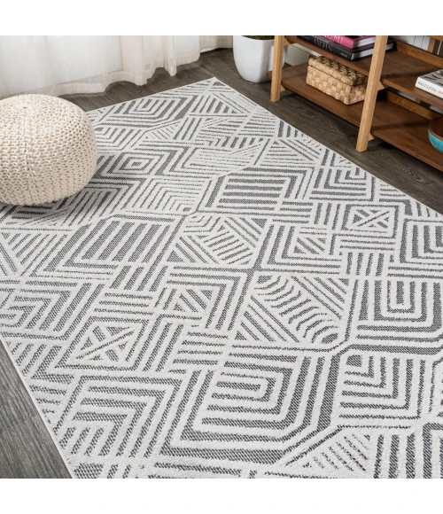 Jordan High-Low Pile Art Deco Geometric White/Black 8 ft. x 10 ft. Indoor/Outdoor Area Rug