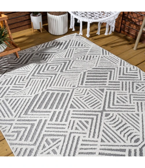 Jordan High-Low Pile Art Deco Geometric White/Black 8 ft. x 10 ft. Indoor/Outdoor Area Rug