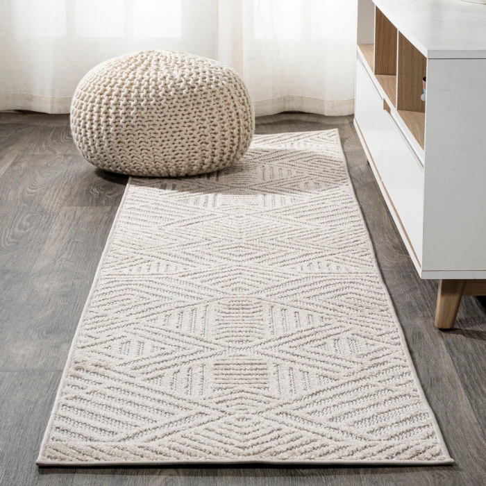 Jordan High-Low Pile Art Deco Geometric Beige 2 ft. x 8 ft. Indoor/Outdoor Runner Rug