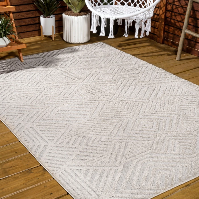 Jordan High-Low Pile Art Deco Geometric Beige 4 ft. x 6 ft. Indoor/Outdoor Area Rug