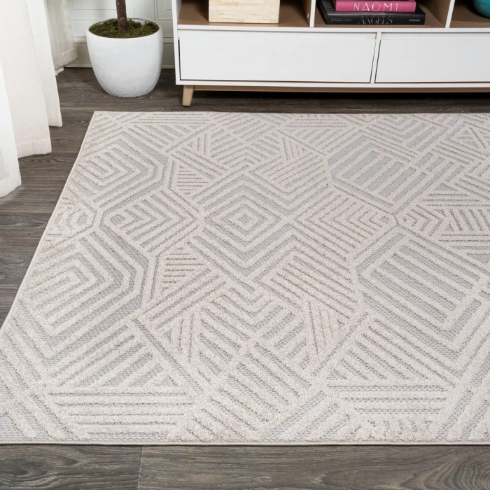 Jordan High-Low Pile Art Deco Geometric Beige 4 ft. x 6 ft. Indoor/Outdoor Area Rug