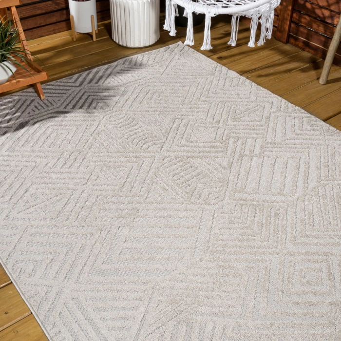 Jordan High-Low Pile Art Deco Geometric Beige 4 ft. x 6 ft. Indoor/Outdoor Area Rug