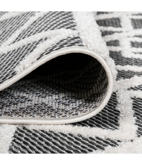 Aylan High-Low Pile Knotted Trellis Geometric Black/Ivory 2 ft. x 10 ft. Indoor/Outdoor Runner Rug