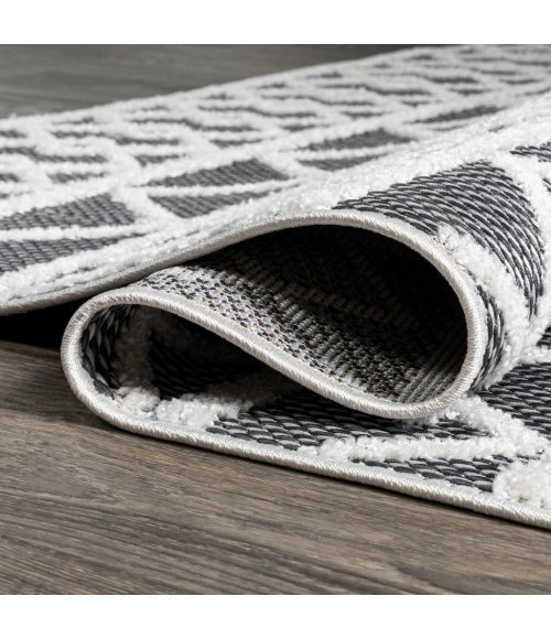 Aylan High-Low Pile Knotted Trellis Geometric Black/Ivory 2 ft. x 10 ft. Indoor/Outdoor Runner Rug