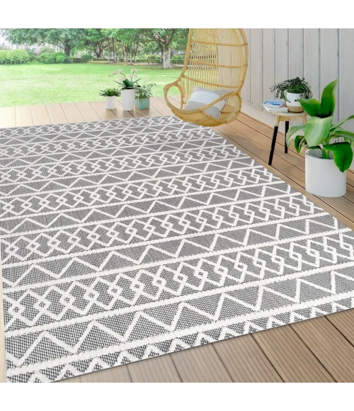 Aylan High-Low Pile Knotted Trellis Geometric Black/Ivory 8 ft. x 10 ft. Indoor/Outdoor Area Rug
