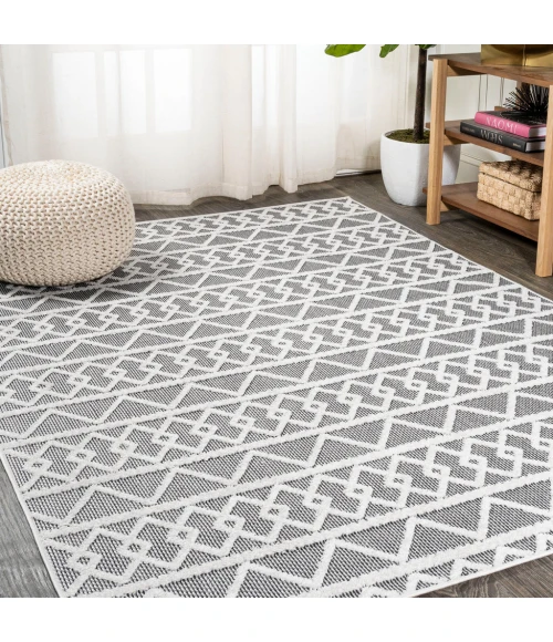 Aylan High-Low Pile Knotted Trellis Geometric Black/Ivory 8 ft. x 10 ft. Indoor/Outdoor Area Rug