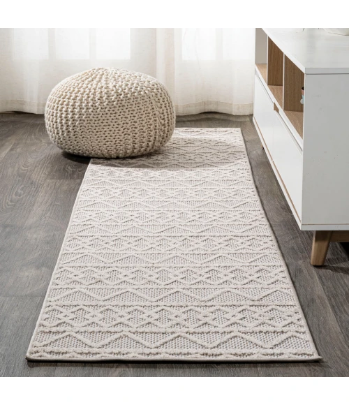 Aylan High-Low Pile Knotted Trellis Geometric Beige 2 ft. x 10 ft. Indoor/Outdoor Runner Rug