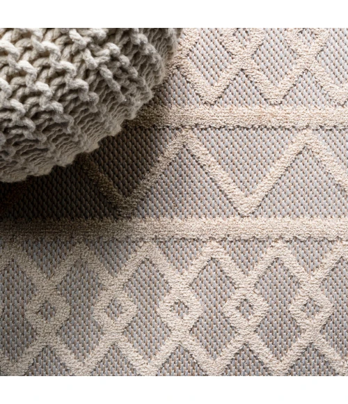 Aylan High-Low Pile Knotted Trellis Geometric Beige 2 ft. x 10 ft. Indoor/Outdoor Runner Rug