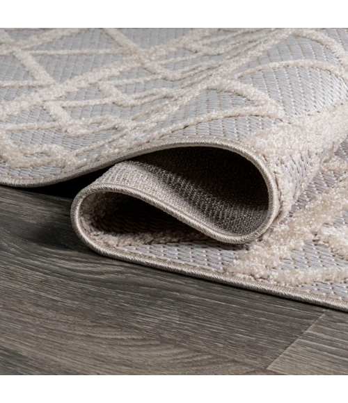 Aylan High-Low Pile Knotted Trellis Geometric Beige 2 ft. x 10 ft. Indoor/Outdoor Runner Rug