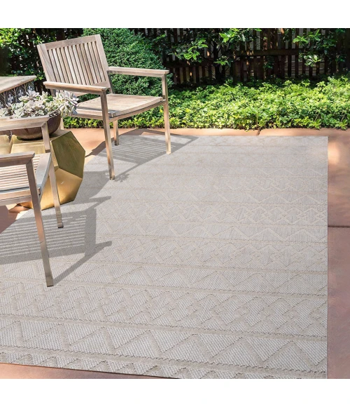 Aylan High-Low Pile Knotted Trellis Geometric Beige 8 ft. x 10 ft. Indoor/Outdoor Area Rug