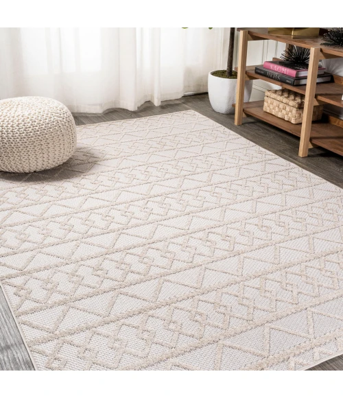 Aylan High-Low Pile Knotted Trellis Geometric Beige 8 ft. x 10 ft. Indoor/Outdoor Area Rug