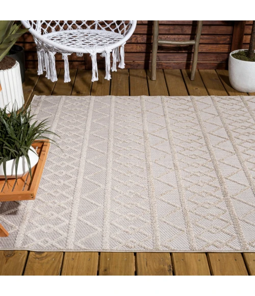 Aylan High-Low Pile Knotted Trellis Geometric Beige 8 ft. x 10 ft. Indoor/Outdoor Area Rug