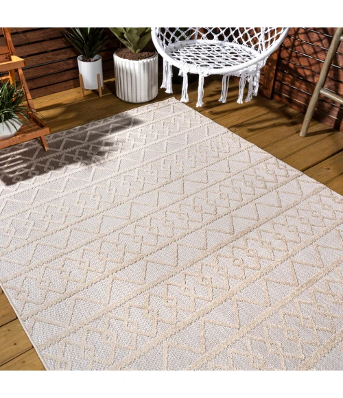 Aylan High-Low Pile Knotted Trellis Geometric Beige 8 ft. x 10 ft. Indoor/Outdoor Area Rug