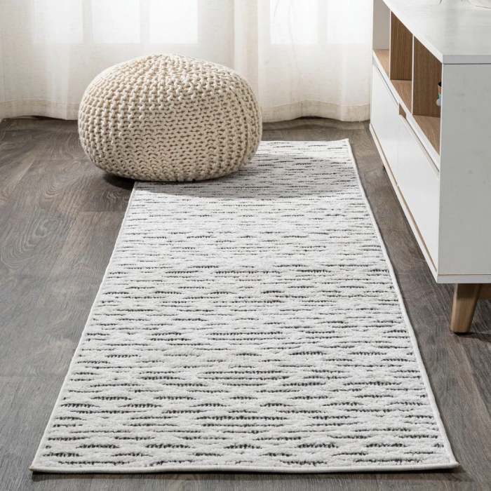 Ararat High-Low Pile Moroccan Diamond Modern Black/Ivory 2 ft. x 10 ft. Indoor/Outdoor Runner Rug
