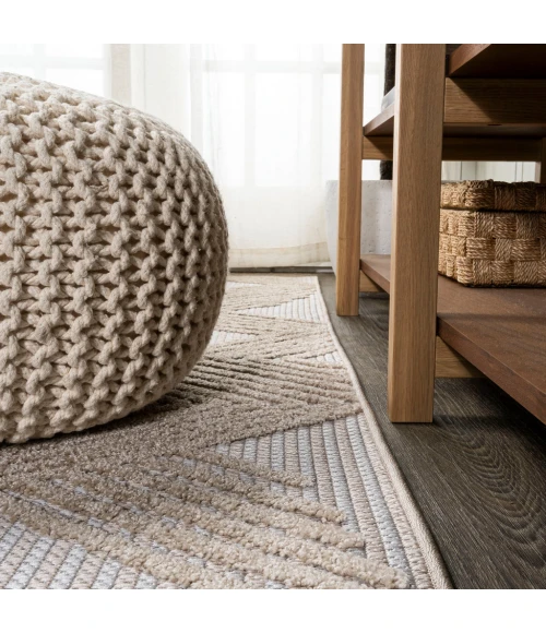 Jazz High-Low Pile Art Deco Geometric Beige 2 ft. x 8 ft. Indoor/Outdoor Runner Rug