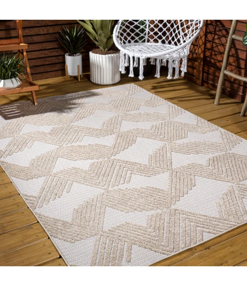 Jazz High-Low Pile Art Deco Geometric Beige 8 ft. x 10 ft. Indoor/Outdoor Area Rug