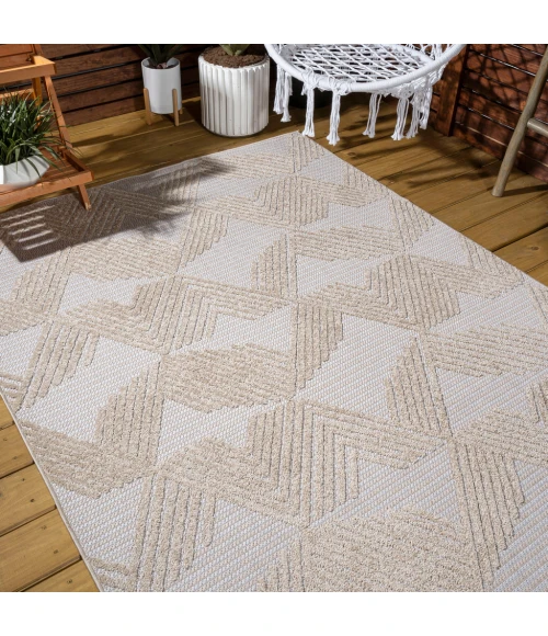 Jazz High-Low Pile Art Deco Geometric Beige 8 ft. x 10 ft. Indoor/Outdoor Area Rug