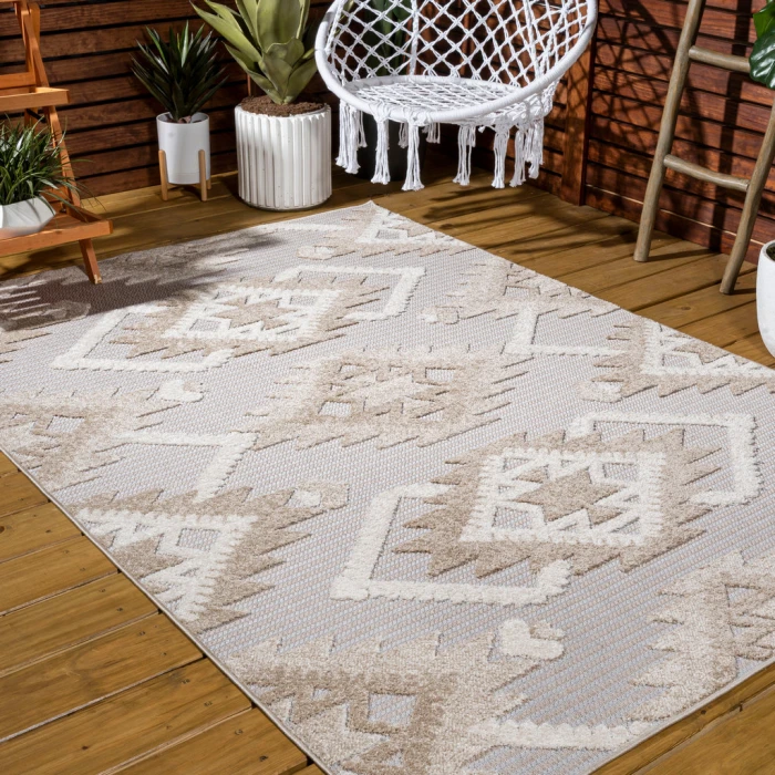 Sumak High-Low Pile Neutral Diamond Kilim Beige/Gray 5 ft. x 8 ft. Indoor/Outdoor Area Rug