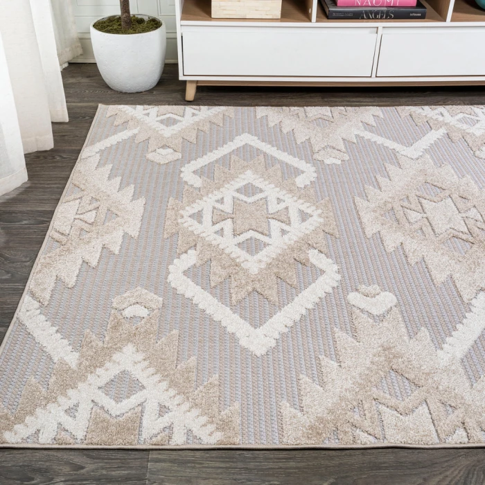 Sumak High-Low Pile Neutral Diamond Kilim Beige/Gray 5 ft. x 8 ft. Indoor/Outdoor Area Rug