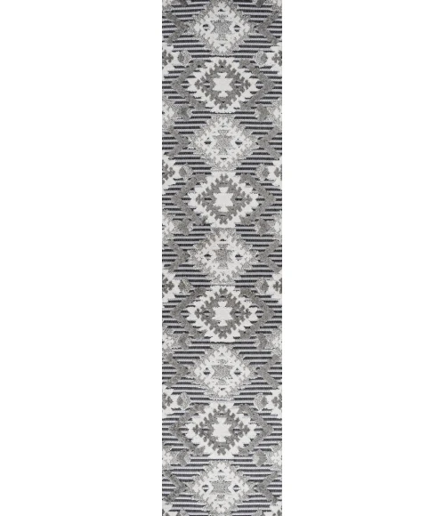 Sumak High-Low Pile Neutral Diamond Kilim Gray/White/Black 2 ft. x 10 ft. Indoor/Outdoor Runner Rug