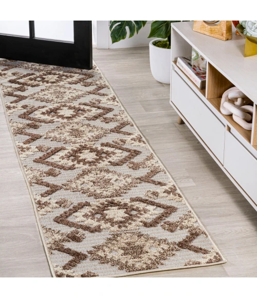 Sumak High-Low Pile Neutral Diamond Kilim Brown/Ivory 2 ft. x 8 ft. Indoor/Outdoor Runner Rug