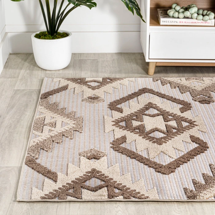 Sumak High-Low Pile Neutral Diamond Kilim Brown/Ivory 8 ft. x 10 ft. Indoor/Outdoor Area Rug