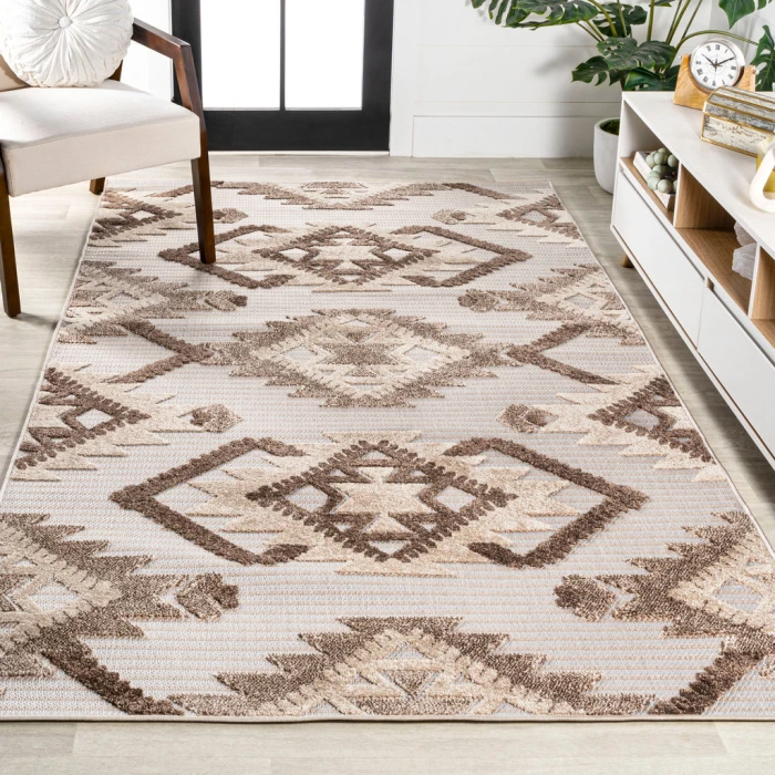 Sumak High-Low Pile Neutral Diamond Kilim Brown/Ivory 8 ft. x 10 ft. Indoor/Outdoor Area Rug