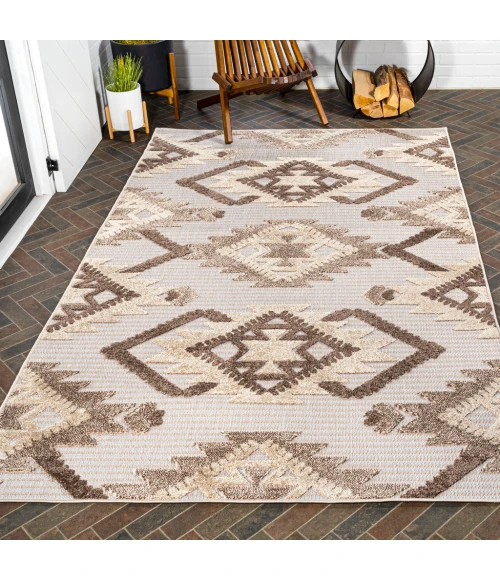 Sumak High-Low Pile Neutral Diamond Kilim Brown/Ivory 5 ft. x 8 ft. Indoor/Outdoor Area Rug
