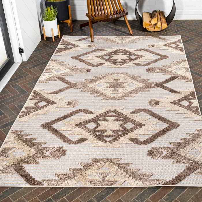 Sumak High-Low Pile Neutral Diamond Kilim Brown/Ivory 8 ft. x 10 ft. Indoor/Outdoor Area Rug