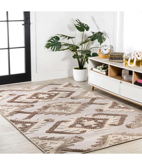 Sumak High-Low Pile Neutral Diamond Kilim Brown/Ivory 5 ft. x 8 ft. Indoor/Outdoor Area Rug