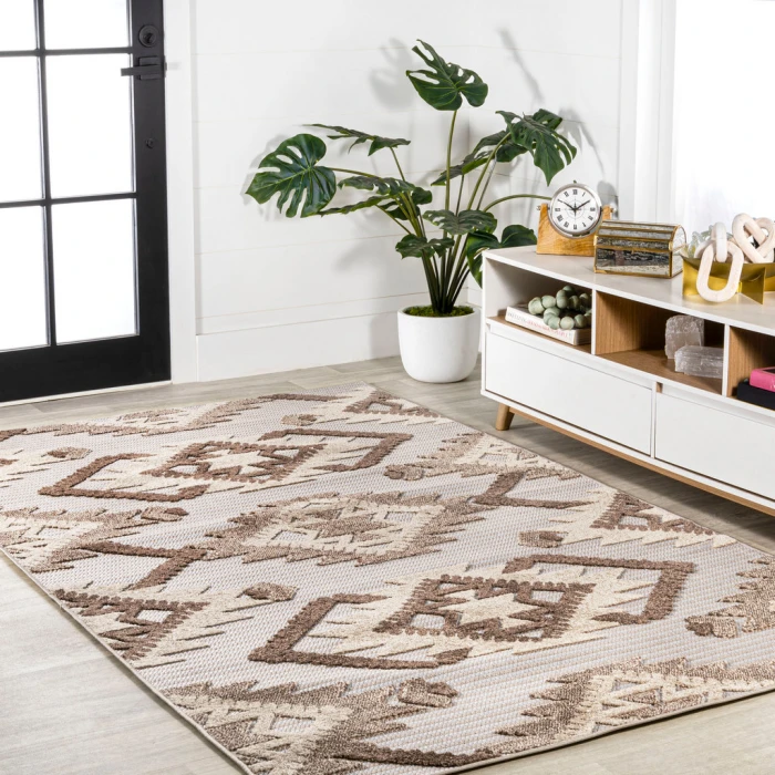 Sumak High-Low Pile Neutral Diamond Kilim Brown/Ivory 8 ft. x 10 ft. Indoor/Outdoor Area Rug